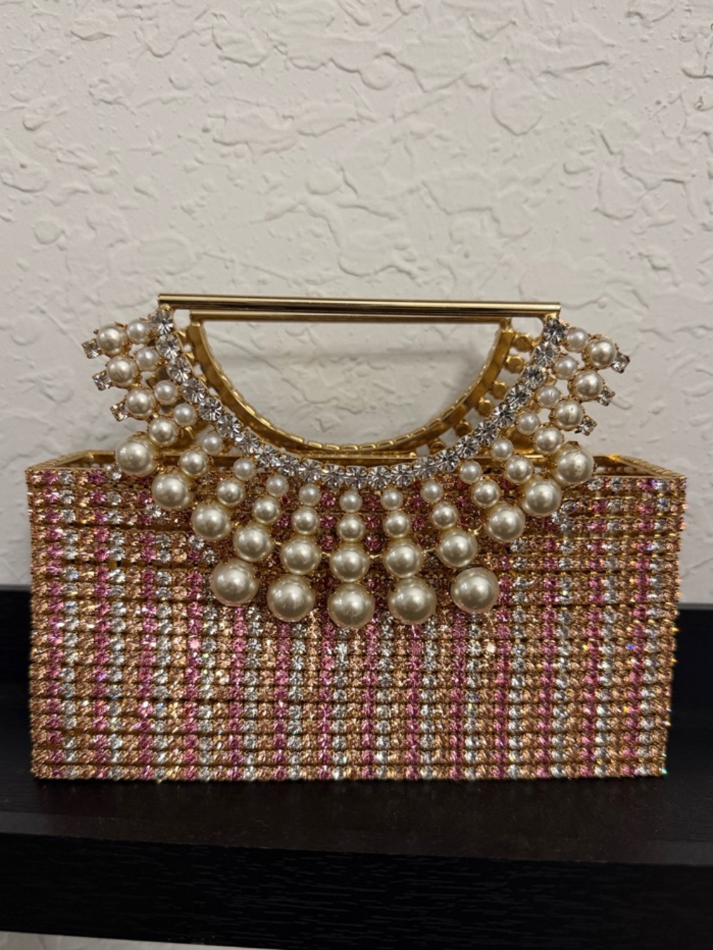 Pearl & Crystal Embellished Pink Gold Evening Clutch